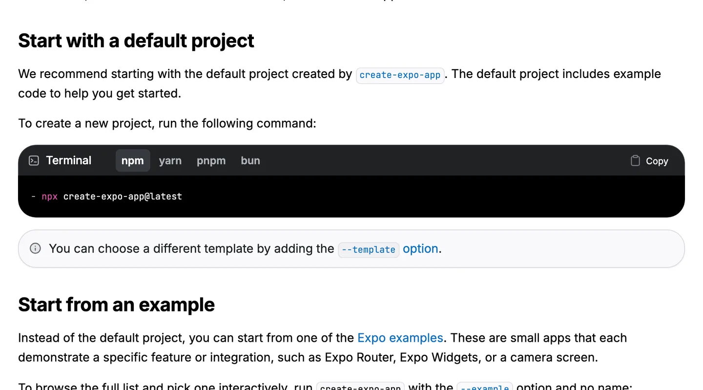 Expo's documentation showing the npx create-expo-app command to start a new project