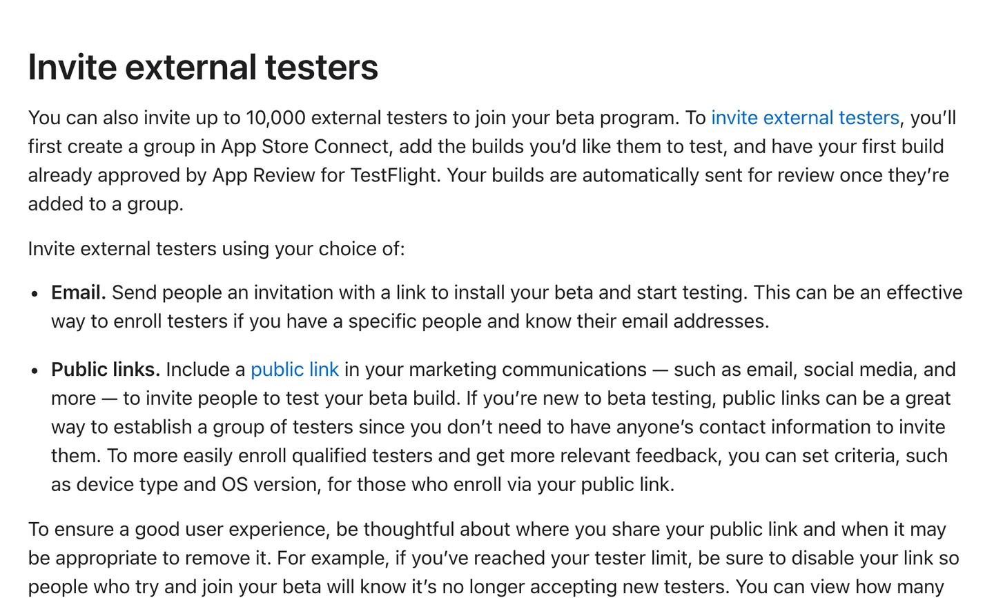 Apple's TestFlight page explaining that you can invite up to 10,000 external testers