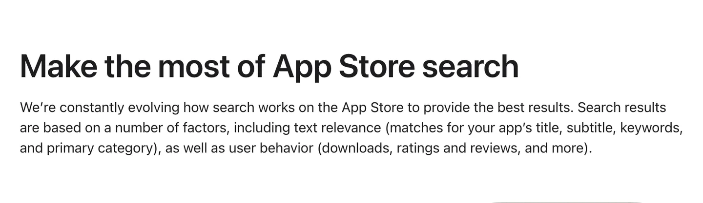 Apple's App Store search page explaining that search results are based on text relevance (title, subtitle, keywords, primary category) and user behavior (downloads, ratings and reviews)