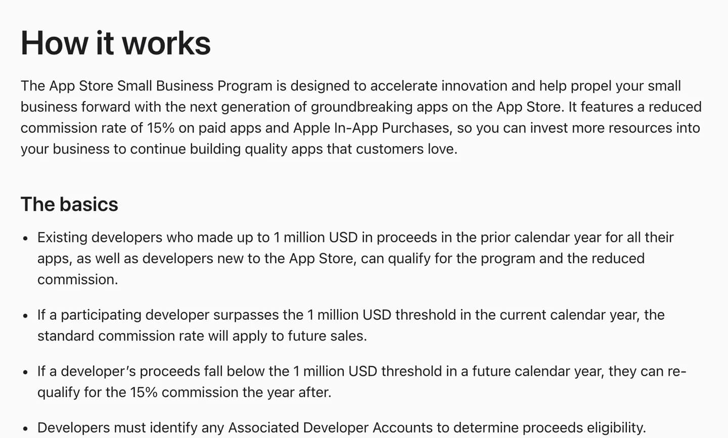 Apple's Small Business Program page describing a reduced 15% commission for developers under 1 million USD in proceeds