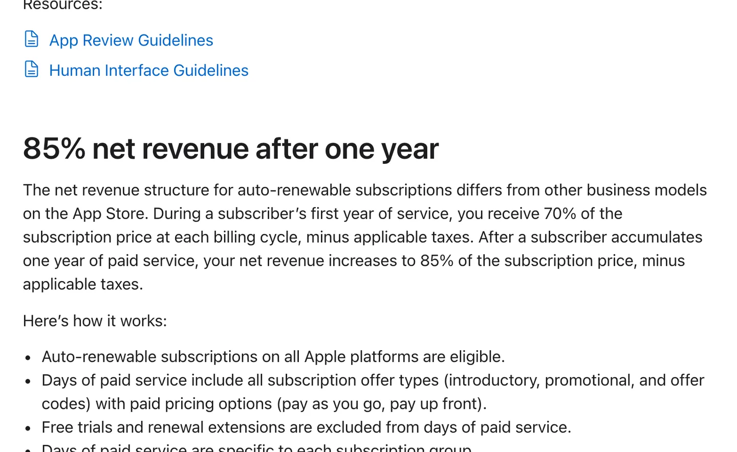 Apple's subscription page explaining 70% net revenue in a subscriber's first year and 85% after one year of paid service