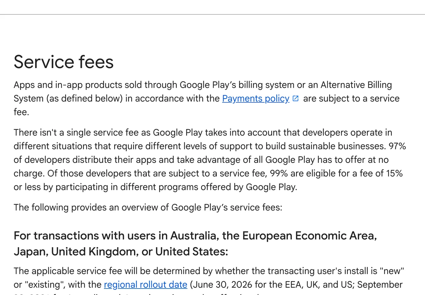 Google Play's help page on service fees, noting that 99% of developers subject to a fee qualify for 15% or less