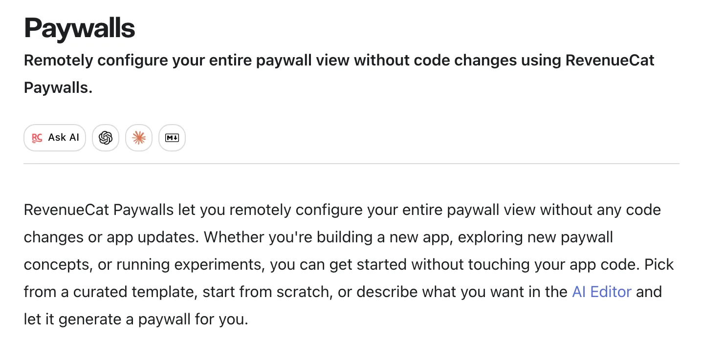 RevenueCat's Paywalls documentation saying you can remotely configure your entire paywall view without code changes or app updates