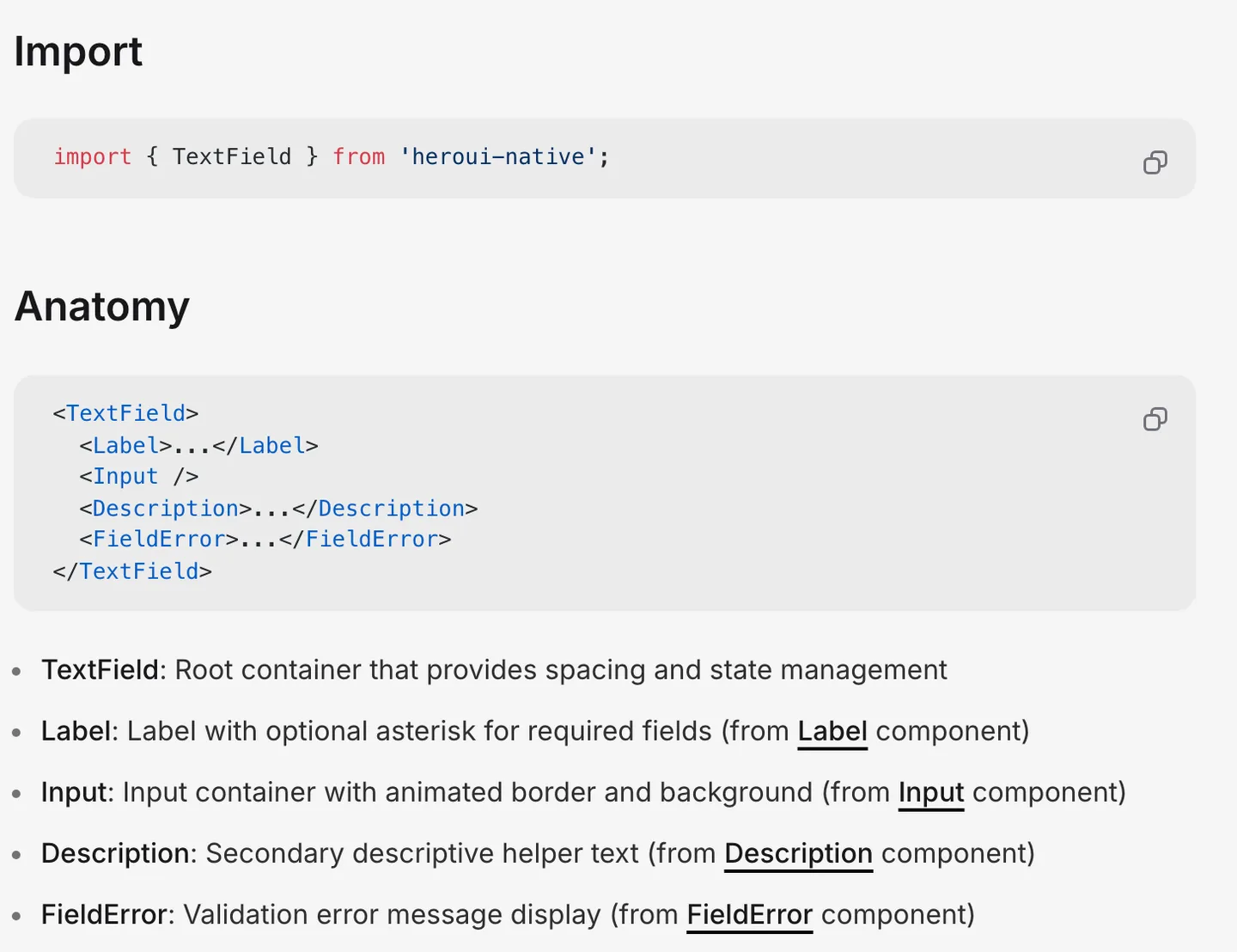 HeroUI Native TextField anatomy: TextField wrapping Label, Input, Description and FieldError