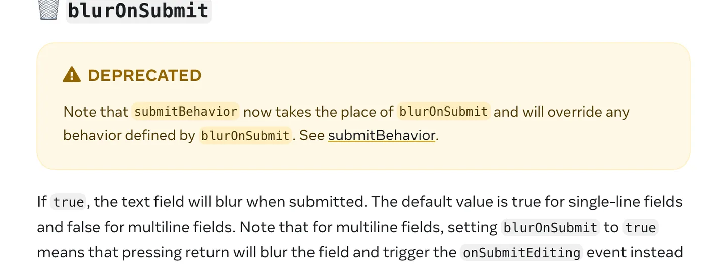 React Native's TextInput reference marking blurOnSubmit as deprecated in favor of submitBehavior