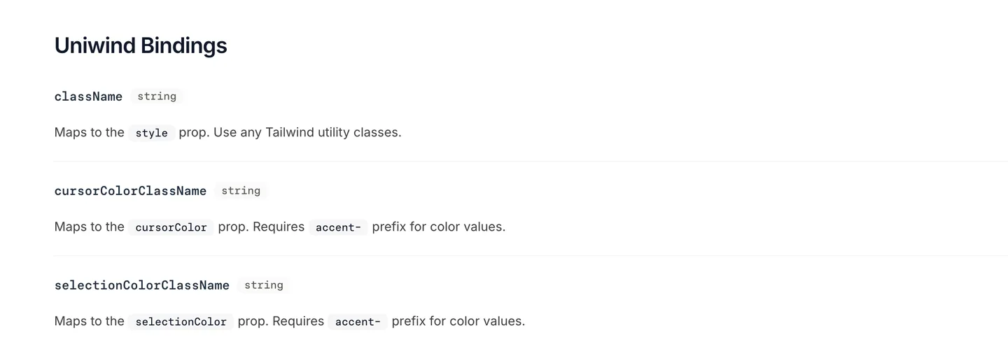 Uniwind's TextInput docs listing className, cursorColorClassName and selectionColorClassName bindings