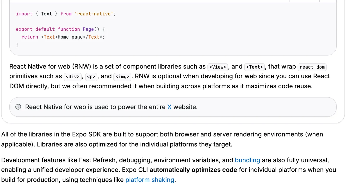 Expo's documentation explaining that React Native for web wraps react-dom primitives such as div, p and img, and noting that it powers the entire X website