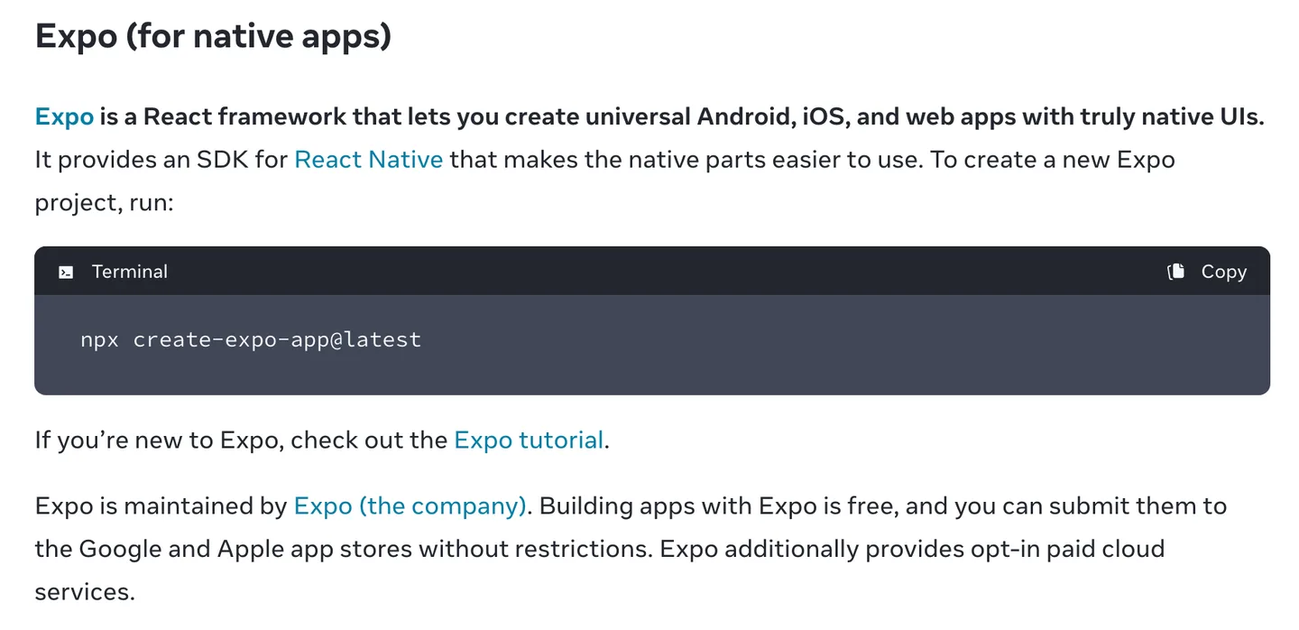 React's documentation recommending Expo for native apps: a React framework for universal Android, iOS and web apps
