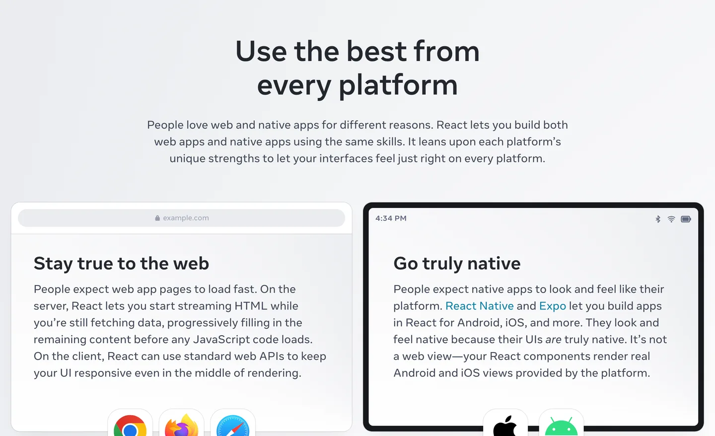 React's homepage section "Use the best from every platform", with one card for the web and one for native apps built with React Native and Expo