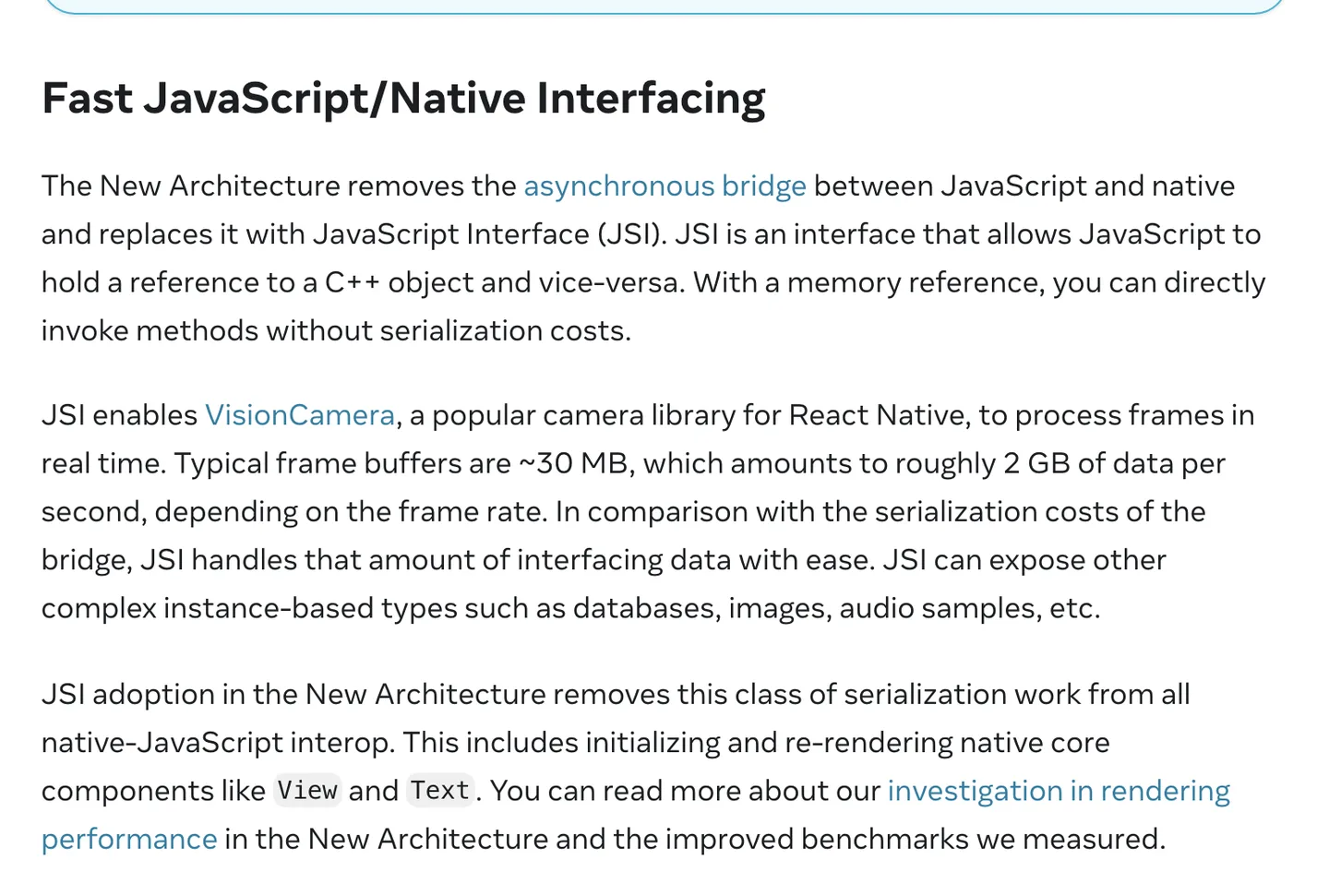 React Native's New Architecture docs: JSI replaces the asynchronous bridge so JavaScript can call native methods directly without serialization