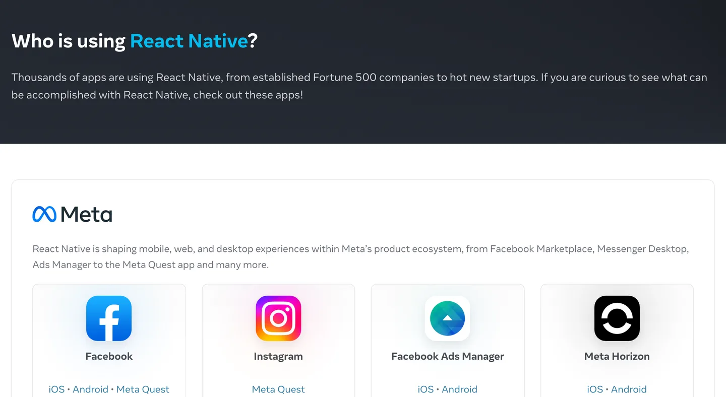 React Native's showcase page, "Who is using React Native?", starting with Meta's apps: Facebook, Instagram, Facebook Ads Manager and Meta Horizon