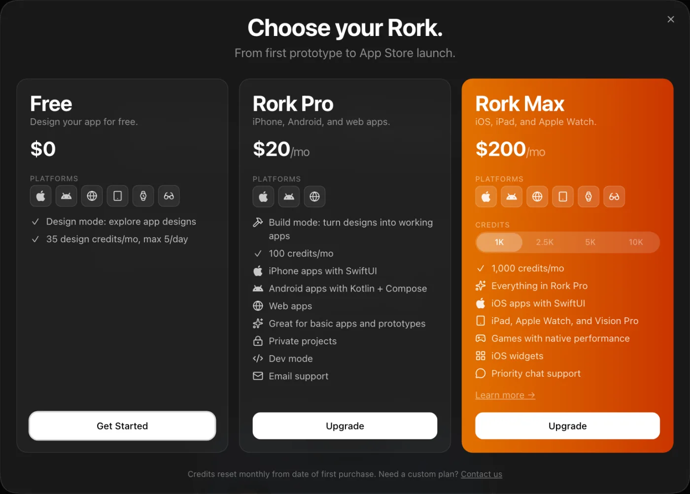 Rork's pricing in October 2026: Free at $0 with design mode, Rork Pro at $20 a month with 100 credits for iPhone, Android and web apps, Rork Max from $200 a month with 1,000 credits and iPad, Apple Watch and Vision Pro