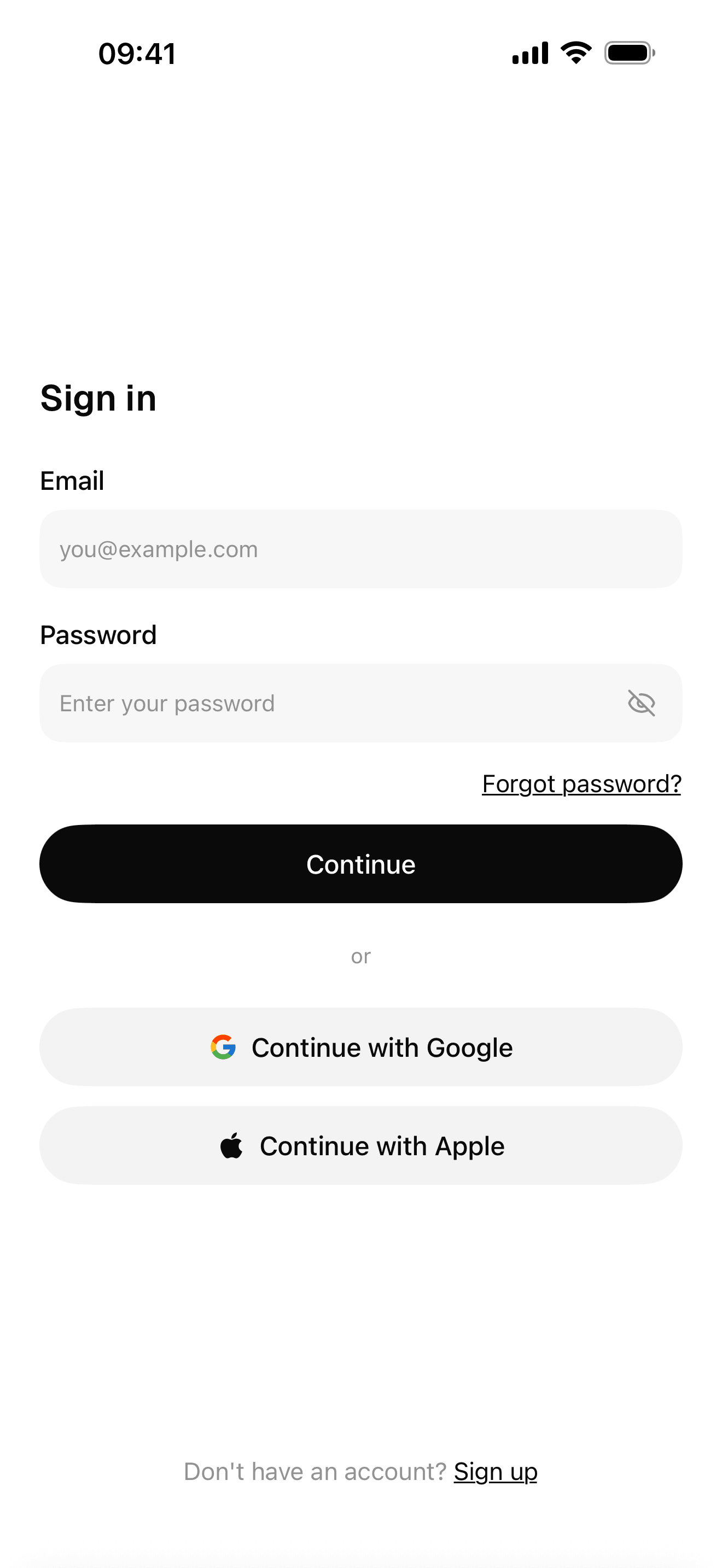 Sign-in screen with Google, Apple and email options