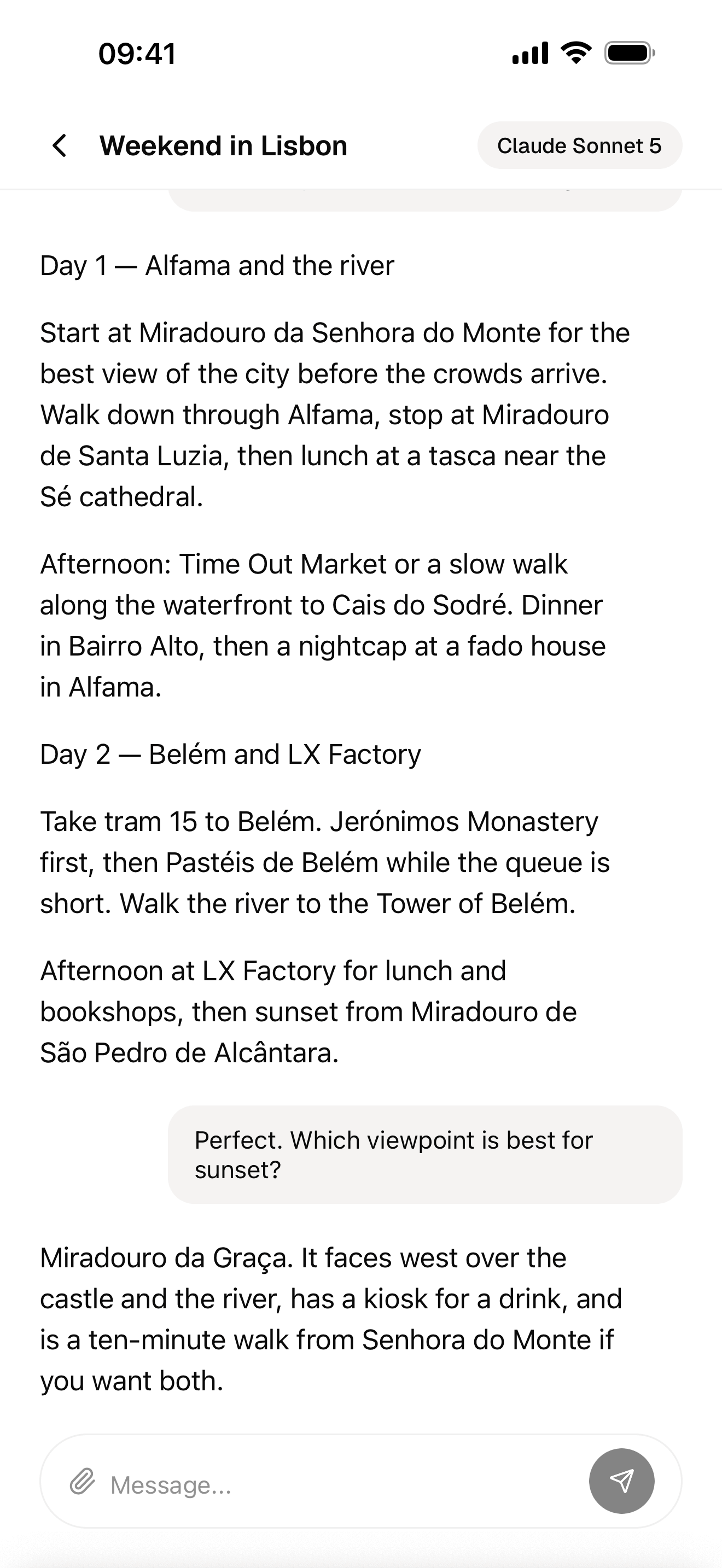 An AI conversation in the starter app