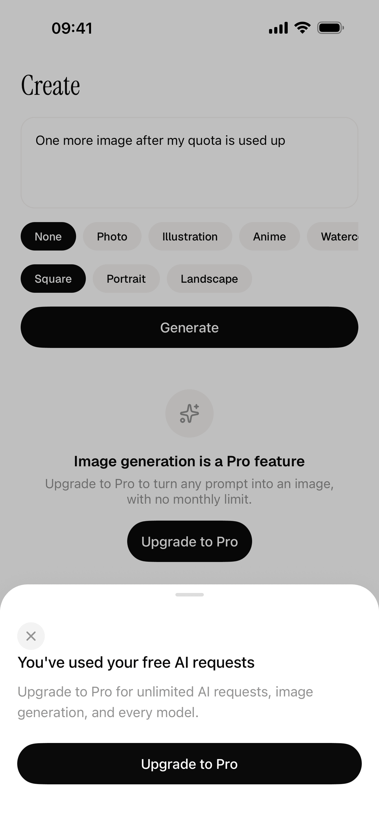 The starter app showing a used-up free AI quota and an upgrade to Pro sheet