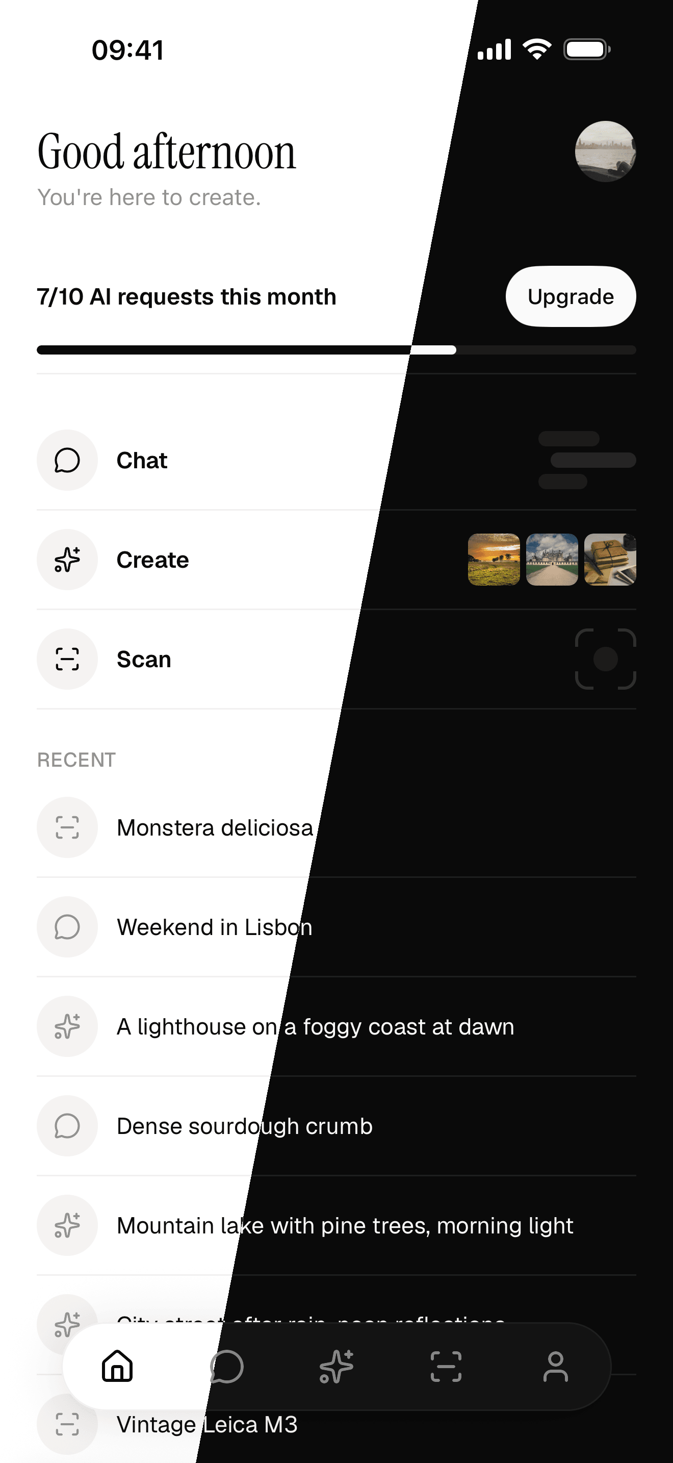 The starter app's home screen split between its light and dark theme
